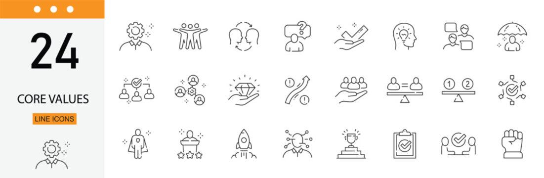 Core values icons set representing ethics, integrity, trust, teamwork, leadership, mission, principles and organizational culture. Editable Stroke.