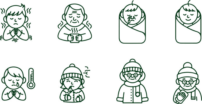Set of outline icons illustrating people suffering from colds and flu with symptoms like shivering sneezing fever.