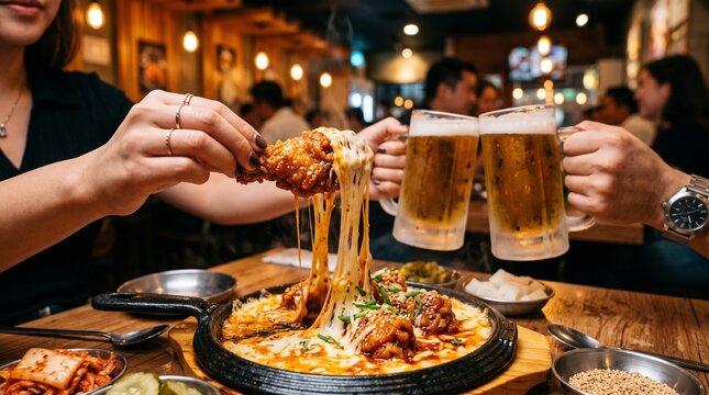 Stretchy Gooey Melted Cheese Pull with Korean Fried Chicken and Beer