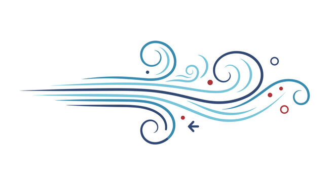 Abstract artistic representation of wind or air currents using swirling blue and red lines with circular elements.