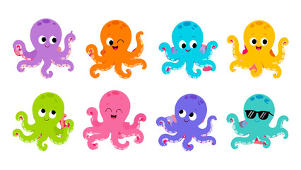 Set of colorful cartoon octopus characters on white © icon_art