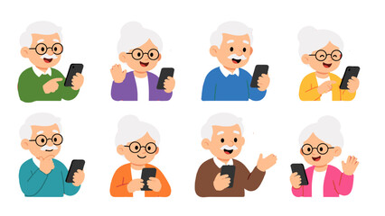 Fototapeta premium Set of senior men and women using smartphones with speech bubbles