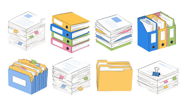 Hand drawn office files folders binders and paper stacks set