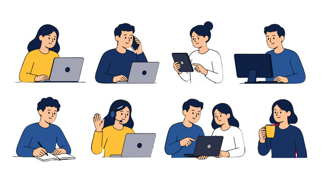 Set of people using laptop tablet desktop and headset