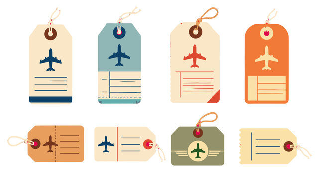 Set of vintage airline luggage tags with airplane icons