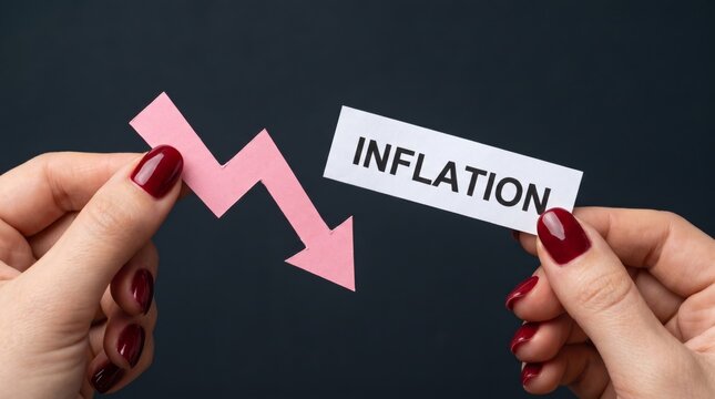 Visual concept illustrating economic inflation or financial decline, with hands holding a downward-pointing pink arrow and a card displaying the word 'INFLATION' against a dark backdrop