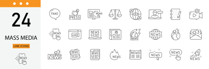 Fototapeta premium Mass media icons set representing news broadcasting, journalism, television, radio, digital communication, publishing and information distribution. Editable Stroke.