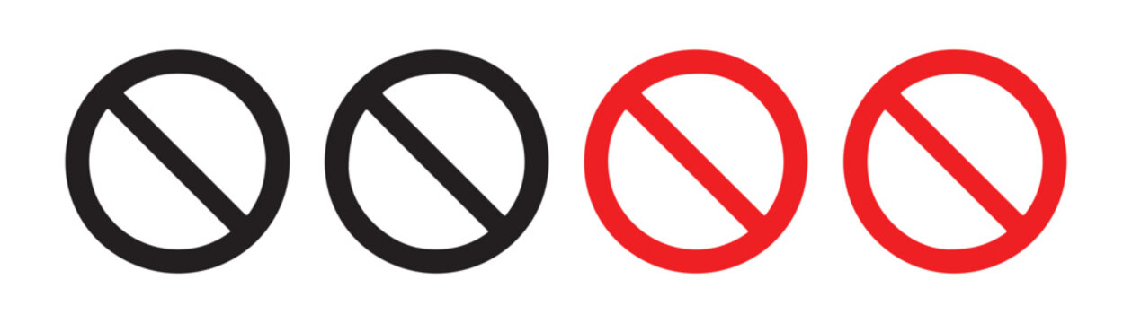 Set of black and red prohibition signs with a diagonal line through a circle, indicating no entry or stop.