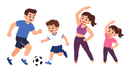 Obraz premium Cartoon family exercising and playing soccer together