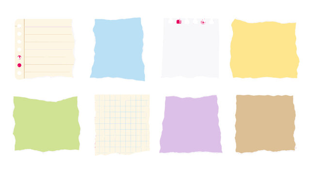 Set of colorful torn paper note scraps isolated on white