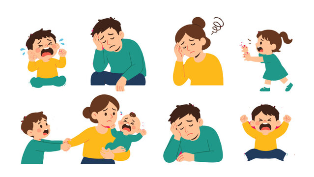 Set of family stress and crying child cartoon illustrations