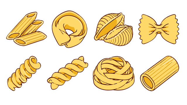Set of different pasta shapes in hand drawn vector style