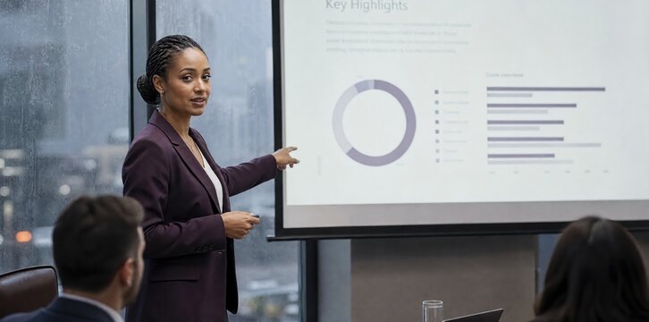 Generative AI, Businesswoman pointing at charts on a projector screen during a presentation