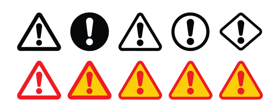 Hazard warning signs set with yellow and red triangles and black exclamation mark icons on grid background.
