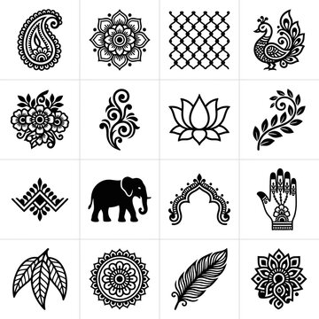Creative collection of traditional Indian henna mehndi icons featuring elephants peacocks flowers and ornate geometric patterns