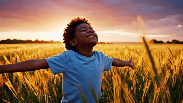 Happy child enjoying sunset in golden wheat field. Boy spreads arms wide, feeling freedom and joy. Nature inspires happiness and peace during evening hours.