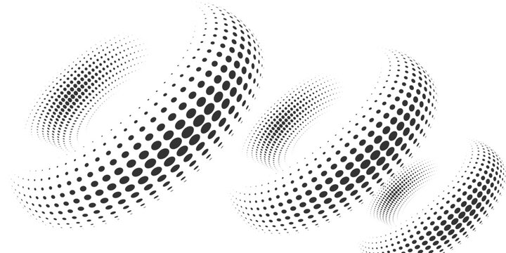Set of dotted curved abstract shapes. Dotted pattern in halftone theme. Curved and twisted abstract gradients. Vector design element in black and white color.