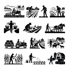 Fototapeta premium Farm life scenes farmer driving tractor harvesting crops milking sheep and tending garden