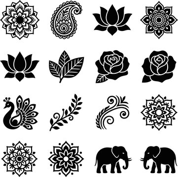 Set of elegant black silhouette icons featuring indian traditional floral mandala motifs and animal decorative elements