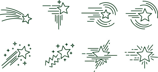 Dynamic shooting star and comet icons collection representing speed, motion, and wishes in stylized design. © Sadhin