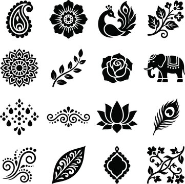 Set of traditional indian henna patterns and floral motifs for cultural artistic design and decoration