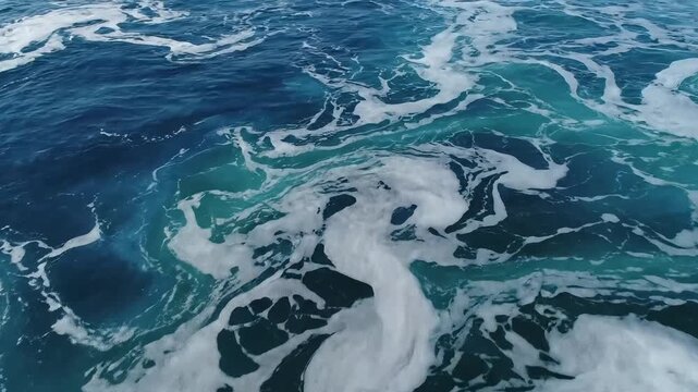 Dynamic ocean currents swirl with white foam under sunlight