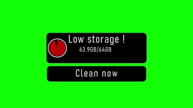 Low storage warning notification on smartphone screen with 63.9 g b used out of 64 g b