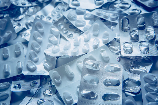Empty Pill Blister Packs Pile, Polypharmacy and Chronic Medication Concept, Healthcare and Pharmaceutical