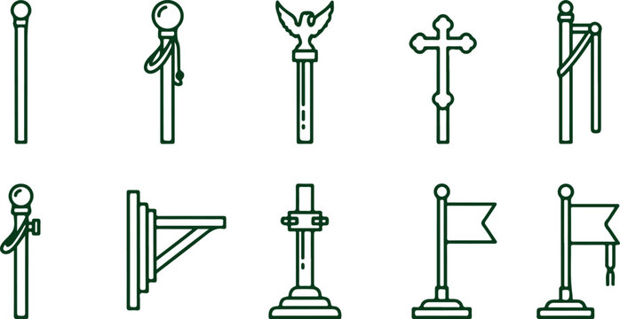 Collection of stylized line art icons representing flagpoles and flags on transparent background.
