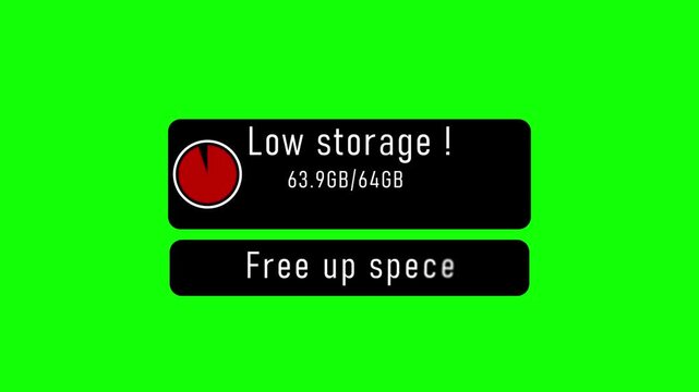 Low storage warning notification on smartphone screen with 63.9 g b used out of 64 g b