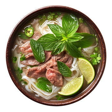 Top view of a bowl of traditional vietnamese beef pho soup with rice noodles, fresh herbs, lime wedges, and chili slices isolated on transparent background