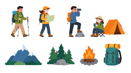 Camping and hiking cartoon set with hikers tent and gear © icon_art