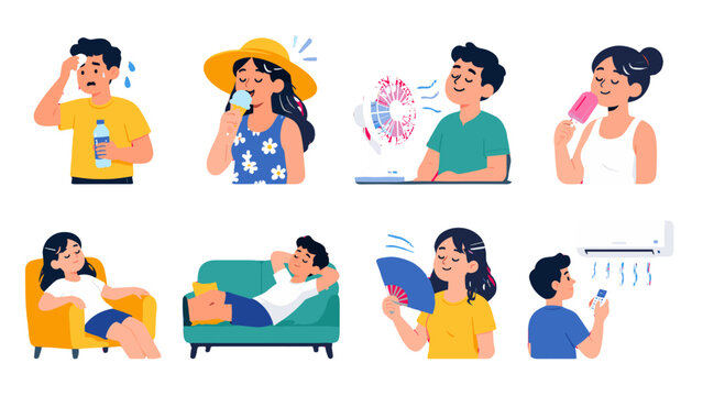 People cooling off with fans, ice cream, drinks and air conditioner