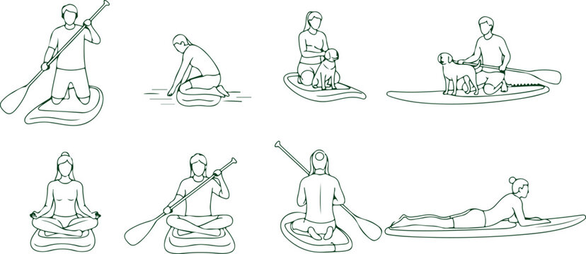 Stand up paddleboard sup people dogs yoga meditation poses on water board active lifestyle recreation.