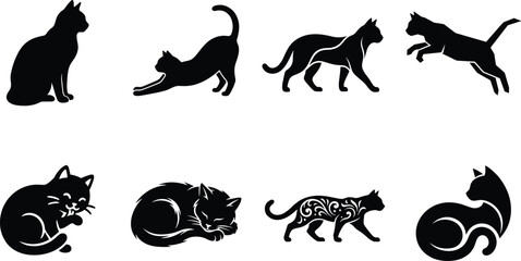 Cat silhouettes and vector icons set featuring black feline illustrations in various sitting stretching jumping and sleeping poses © Sirajul