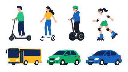 Urban transport set with scooter, skates, bus and cars © icon_art