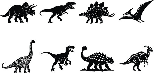 Dinosaur silhouettes vector icon set featuring black prehistoric animal illustrations including tyrannosaurus triceratops stegosaurus and brachiosaurus © Sirajul