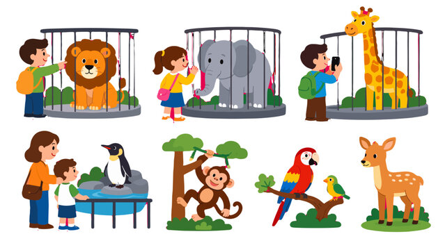 Children visiting zoo animals in colorful cartoon vector set