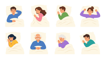 Obraz premium Set of sleeping people in bed shown from above in vector style
