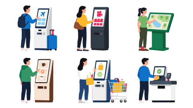 People using self service kiosks and digital terminals set