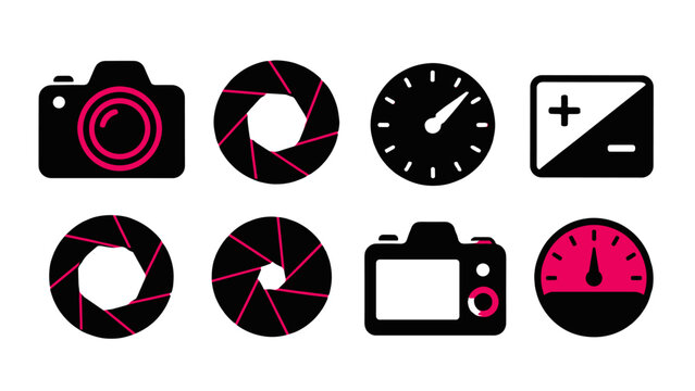 Camera and photography icons set with shutter and exposure symbols