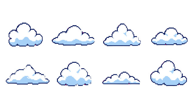 Set of pixel art cloud icons isolated on white background