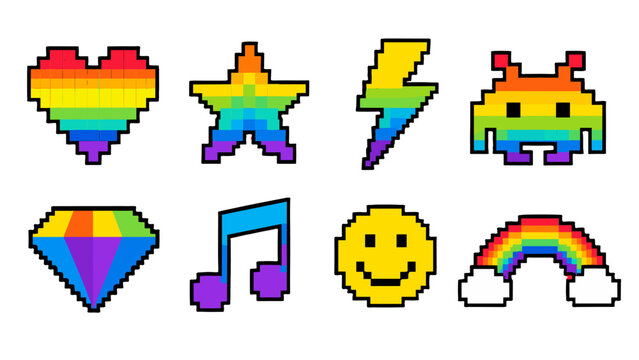 Set of rainbow pixel icons with heart star bolt and smiley
