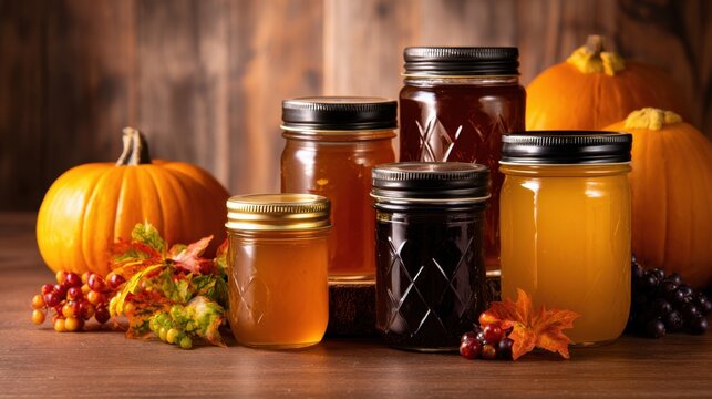 A cozy autumn display featuring various jars filled with preserves beside pumpkins and foliage