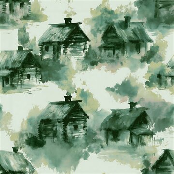 Slavic hut seamless pattern in green watercolor ink-blob style
