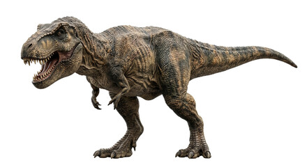 Fototapeta premium Majestic Tyrannosaurus Rex dinosaur with sharp teeth and scaly skin, isolated on white