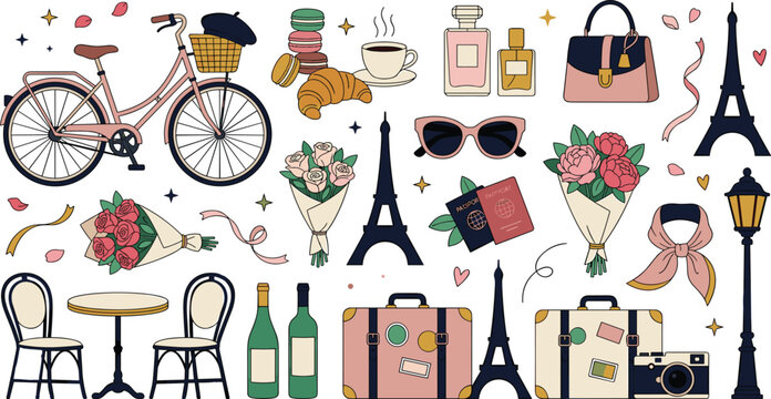 Romantic Paris France Travel Vacation Vector Set with Eiffel Tower, Pink Bicycle, Luggage, Caf&eacute; Table, Macarons, Flowers, and Fashion Accessories