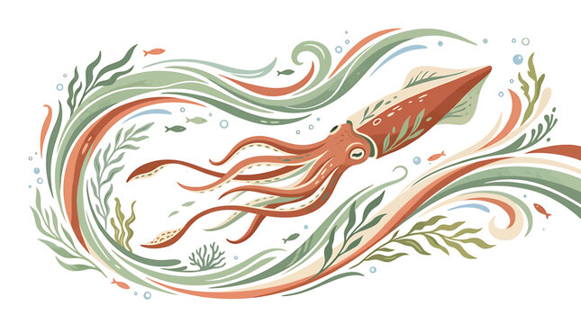 Colorful squid swimming in seaweed ocean.
