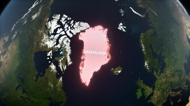 Earth globe zooming in to Greenland with a glowing red highlight and text label, ideal for horizontal documentary graphics or geographic presentations.
