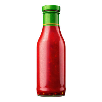 Glass bottle of spicy chili sauce or hot salsa isolated on transparent background